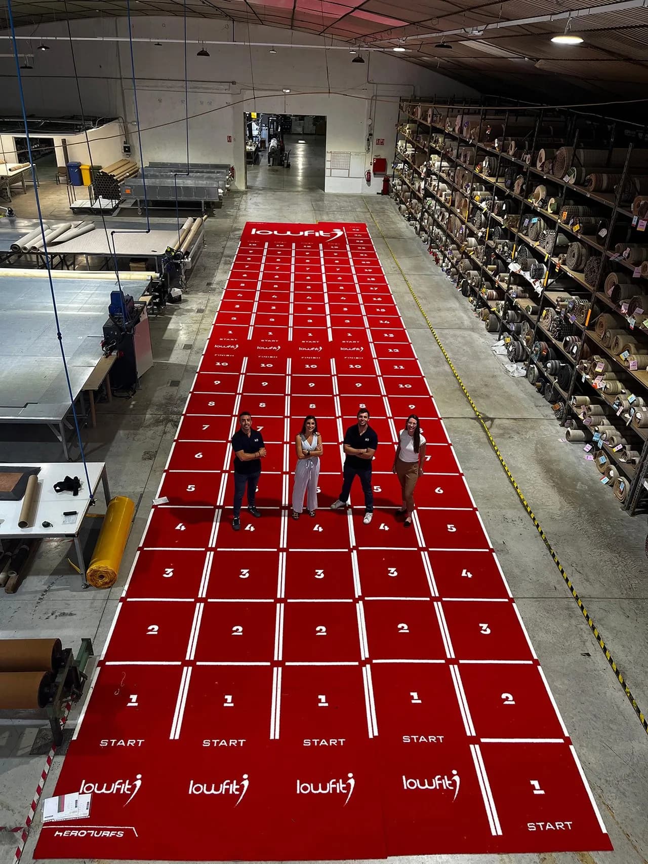 Team Heroturfs su una pista sled rossa in magazzino