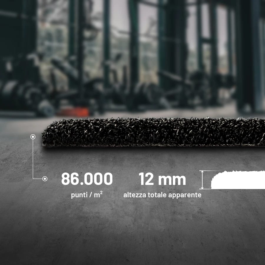 Erba sintetica personalizzata per palestra — 86.000 punti/m² e 12 mm di altezza visibile
